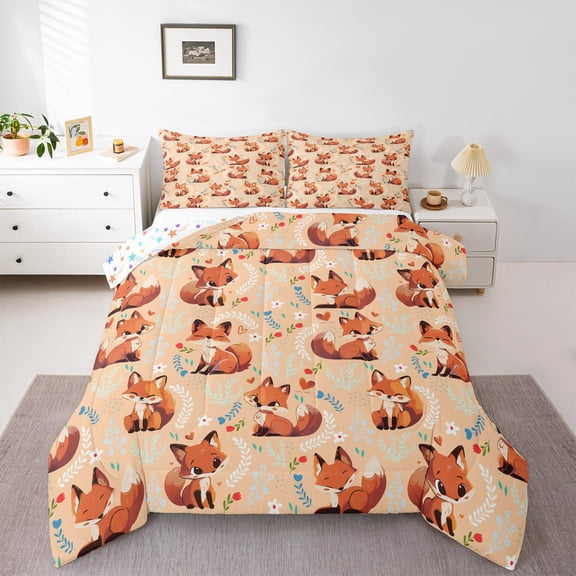 Erosebridal Kawaii Fox Bedding Twin Comforter Set,Cartoon Animal Down Comforter,Blue White Leaves Floral Bedding Sets Twin with Comforter For Teens,Ultra Soft Bedroom Decor Reversible,2 Pieces
