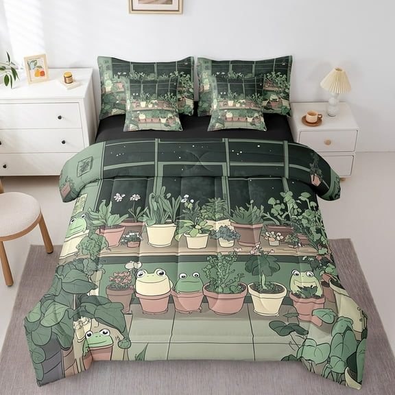 Erosebridal Kawaii Frog Bedding Sets Full Size, Cartoon Botanical Comforter Sets with Sheets, Cute Animal Reversible Bed Sheets Set, Super Cozy Room Decoration, 7pcs