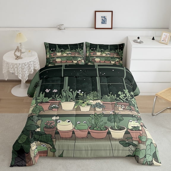 Erosebridal Kawaii Frog Bedding Sets Queen with Comforter, Cartoon Botanical Comforter Sets Queen Size, Cute Animal Reversible Duvet Insert, Super Cozy Room Decoration, 3pcs