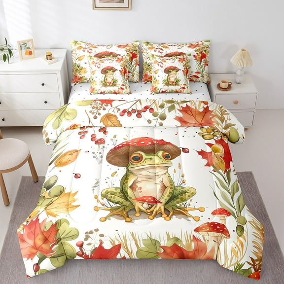 Erosebridal Kawaii Frog Bedding Sets Twin Size, Cartoon Wildlife Comforter Sets with Sheets, Rustic Plant Bed Set, Ultra Soft Room Decor, 7-Piece