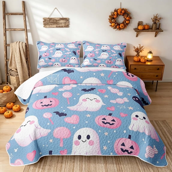 Erosebridal Kawaii Ghost Bed Spread Queen, Cartoon Lollipop Candy Queen Coverlet Set for Girls, Sky Blue Pink White, 3pcs 1 Quilt and 2 Pillowcases