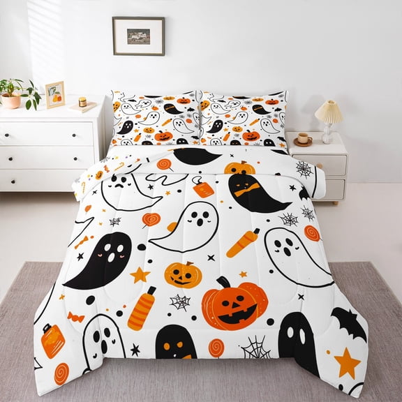 Erosebridal Kawaii Ghost Pumpkin Bedding King Comforter Set,Holleween Theme Down Comforter,Black Bats Spider Web Bedding Sets King with Comforter For Boys Kids,Bedroom Decorative Reversible,3 Pieces