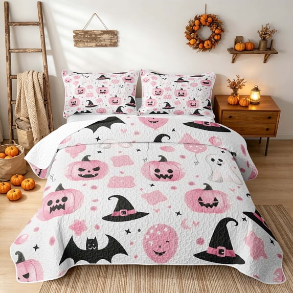Erosebridal Kawaii Ghost Quilt Full, Cute Witch Hat Full Bedspread Sets for Girls, Pink White Black, 3pcs 1 Coverlet and 2 Pillowcases