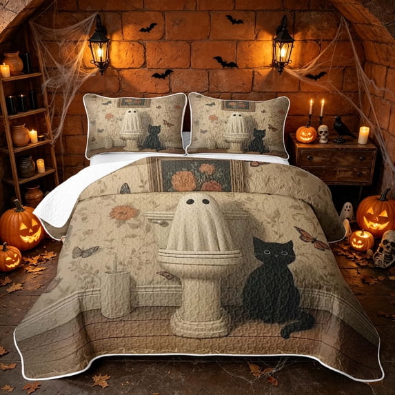 Erosebridal Kawaii Ghost Quilt King, Happy Halloween Butterfly King Coverlet Set for Boys Girls, Beige Black Warm Brown, 3-Piece 1 Bedspread and 2 Pillowcases