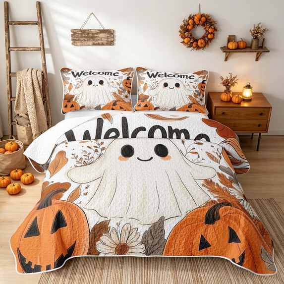 Erosebridal Kawaii Ghost Twin Quilt Set, Thanksgiving Fall Pumpkin Twin Coverlet Set for Boys Girls, Cream Orange, 2 Pieces 1 Bedspread and 1 Pillowcase