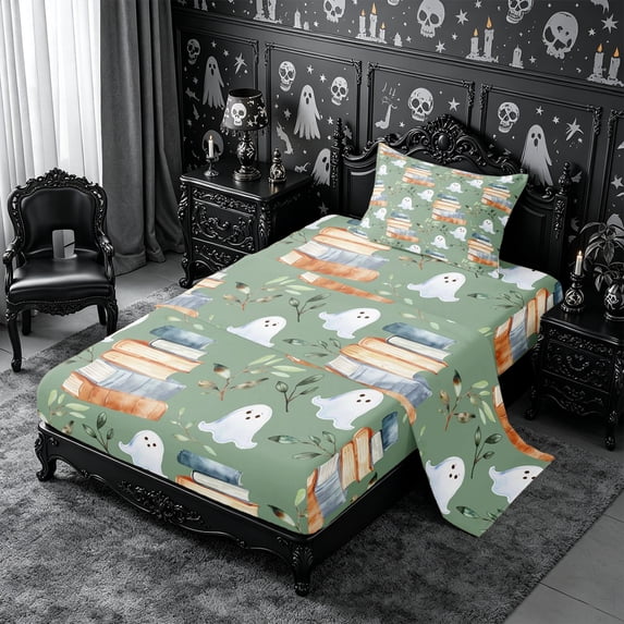Erosebridal Kawaii Ghost Twin Sheets 3pcs,Happy Halloween Bedding,Sage Green,1 Flat Sheet, 1 Fitted Sheet and 1 Pillowcase