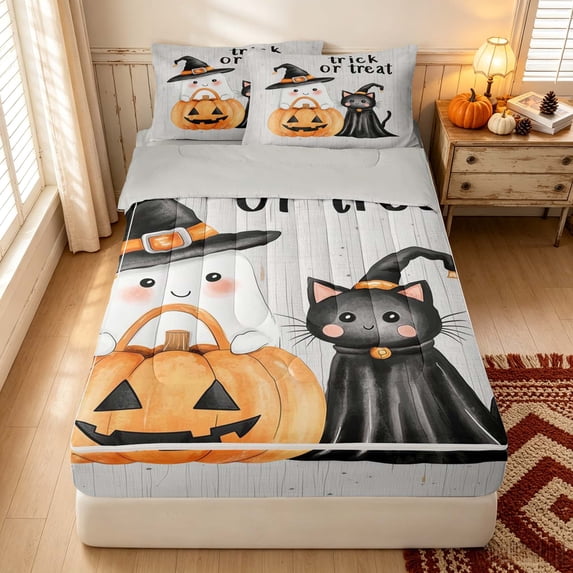 Erosebridal Kawaii Ghost Zipper Full Size Comforter Sets with Fitted Sheet and 2 Pillowcases, Halloween Black Cat Zipper Bedding Set for Boys Girls, White Orange Black, Gray Reversible