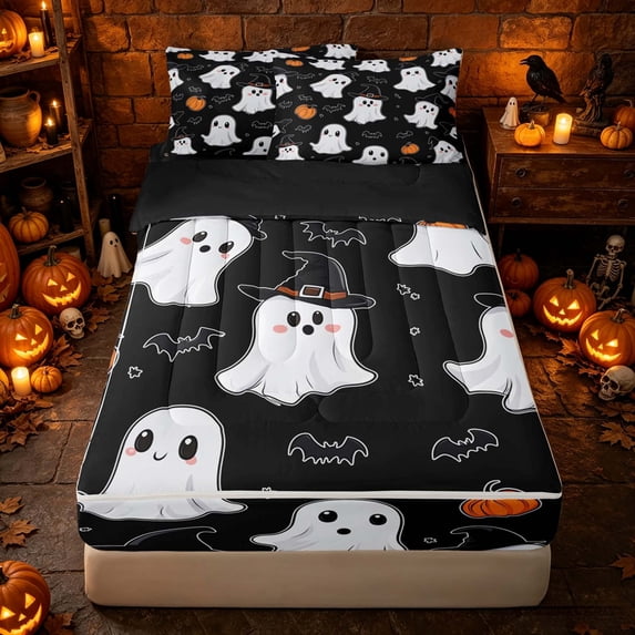 Erosebridal Kawaii Ghost Zipper Full Size Comforter Sets with Fitted Sheet and 2 Pillowcases, Halloween Witch Hat Zipper Bedding Set for Boys Girls, Black Purple, Black Reversible