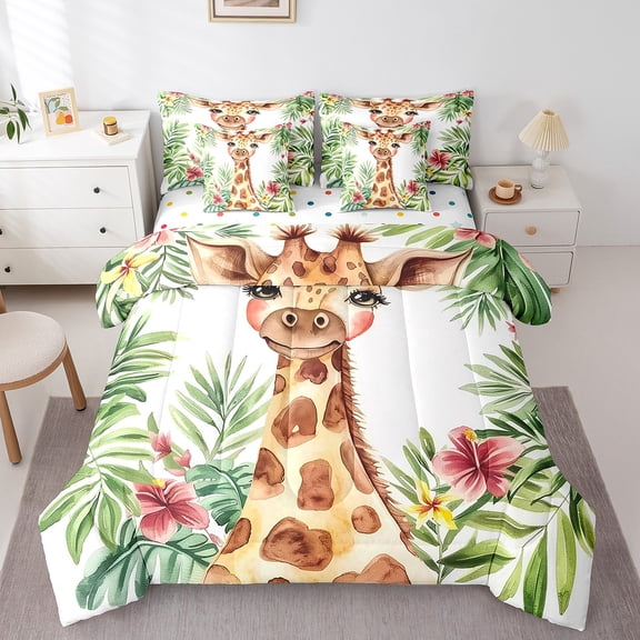 Erosebridal Kawaii Giraffe Bedding Full Size, Tropical Palm Floral Bed in a Bag Full size, Animal Decor, Reversible