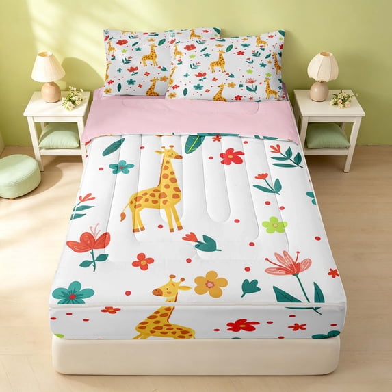 Erosebridal Kawaii Giraffe Zipper Queen Comforter Set with Fitted Sheet and 2 Pillowcases, Cute Animal Blossom Zipper Bedding Set, Pink Reversible, Mustard Yellow Giraffe, Pink Reversible