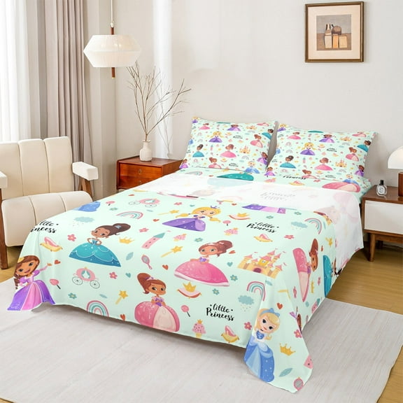 Erosebridal Kawaii Girl Bed Sheets Twin,Rainbow Castle Floral Bedding Twin Size,Cyan Fairy Tale Sheet Set Twin,Breathable Room Decoration,3-Piece