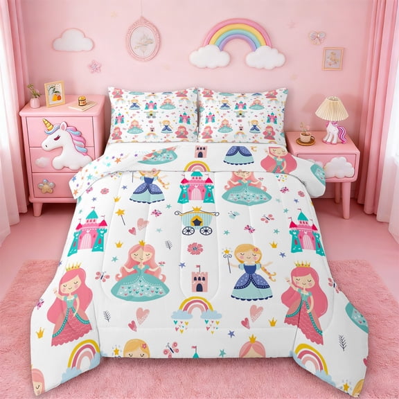 Erosebridal Kawaii Girl Bedding Sets Twin with Comforter,Rainbow Castle Floral Duvet Insert,White Fairy Tale Comforter Sets Twin Size,Room Decoration Reversible,2pcs