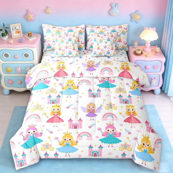 Erosebridal Kawaii Girls Bedding Sets Twin Size,Rainbow Castle Carriage Comforter Sets with Sheets,White Fairy Tale Bed in a Bag Twin Size,Breathable Room Decoration Reversible,7-Piece