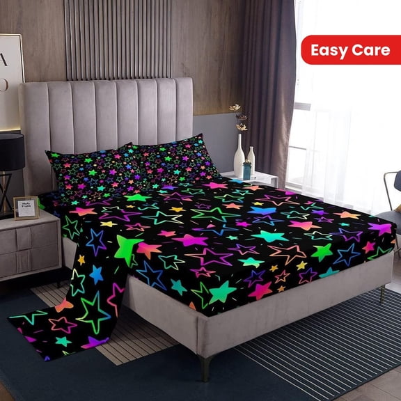 Erosebridal Kawaii Glitter Stars Bed Sheet Set - 3/4 Piece Rainbow Glowing Star Bedding for Youth & Adults, Soft Microfiber, Night Glow Design