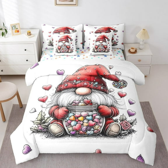 Erosebridal Kawaii Gnome Bed in a Bag King size,Love Heart Bedding King Size,Valentine'S Day Bed Set,Microfiber Floral Bedroom Decorative,Reversible,7 Pieces
