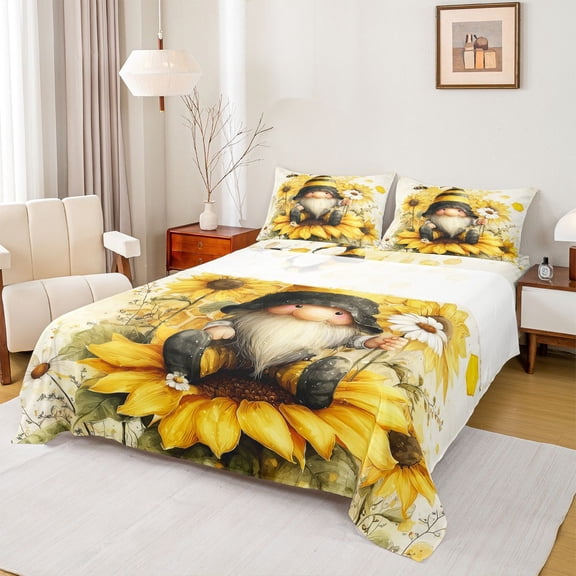 Erosebridal Kawaii Gnome Bed Sheets,Rustic Botanical Flowers Sunflower Blossom King Sheets For Kids 4 Pieces