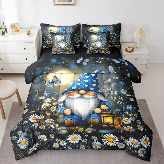 Erosebridal Kawaii Gnome Bedding Sets Twin Size,Floral Daisy Comforter Sets with Sheets,Blue Butterfly Bed in a Bag Twin size,Breathable Teens Bedroom Decor,Reversible,7pcs