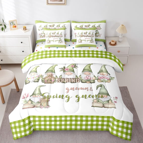 Erosebridal Kawaii Gnome Bedding Twin Size, Green Plaid Bed in a Bag Twin size, St. Patrick's Day Decor, Reversible