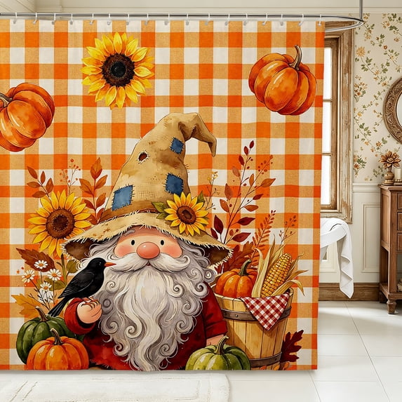 Erosebridal Kawaii Gnome Shower Curtain 72Wx72L,Autumn Pumpkin Sunflowers Bathroom Curtain,Orange White