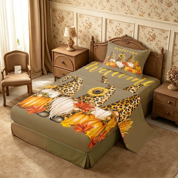 Erosebridal Kawaii Gnome Twin Sheets 3pcs,Fall Pumpkin Leaves Bedding,Olive,1 Flat Sheet, 1 Fitted Sheet and 1 Pillowcase