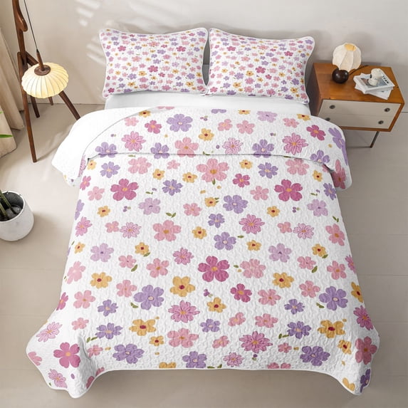 Erosebridal Kawaii Groovy Floral Twin Quilt Set for Girls, Pastel Blossom Print Twin Coverlet Set, 2 Pieces
