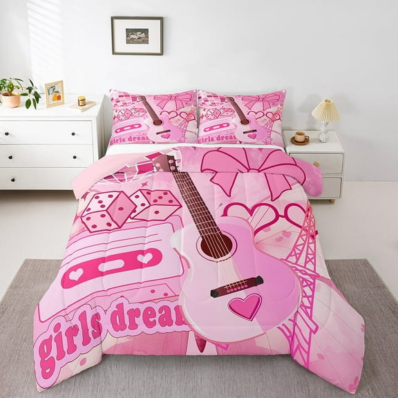 Erosebridal Kawaii Guitar Bedding Twin Comforter Set,Music Theme Down Comforter,Disco Ball Bedding Sets Twin with Comforter,Microfiber Dreamy Bedroom Decorative,Reversible,3pcs