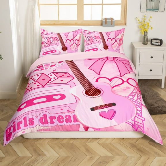 Erosebridal Kawaii Guitar Comforter Cover Twin,Music Theme Bedding Twin Size,Disco Ball Duvet Cover Twin,Microfiber Dreamy Bedroom Decorative(No Comforter),Reversible,3pcs