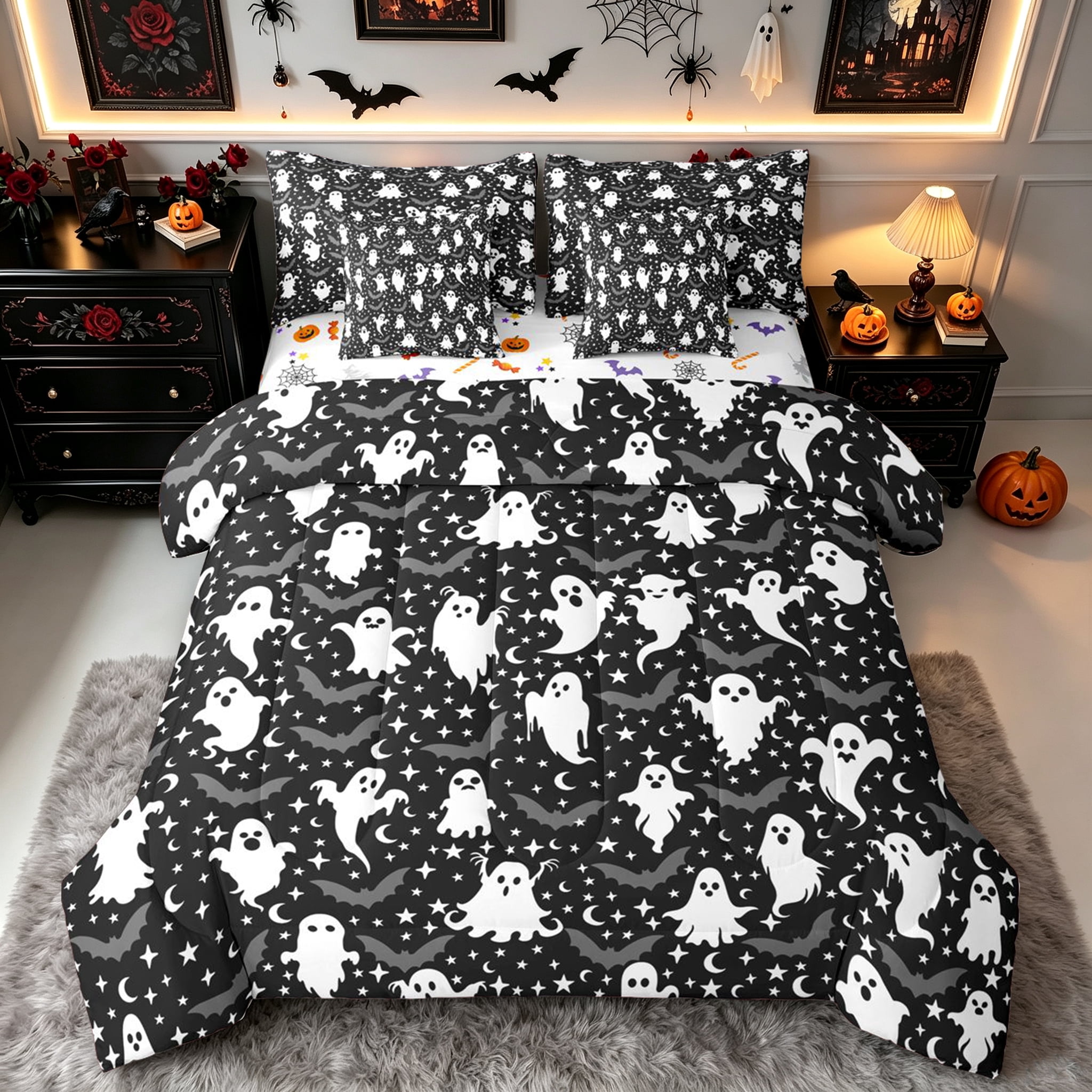 Starry Galaxy Roses Erosebridal Kawaii Halloween Ghost King Bedding, Galaxy Stars King Bed ...