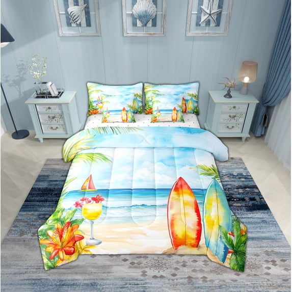 Erosebridal Ocean Beach Bedding Sets Twin Size,Summer Holiday Comforter Sets with Sheets,Surfing Decor,Breathable,7pcs
