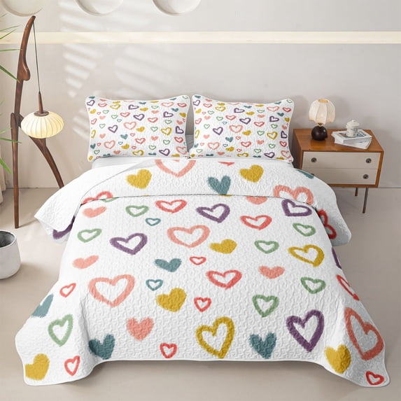 Erosebridal Kawaii Hearts Print Twin Quilt Set, Love Theme Twin Coverlet Set, 2pcs 1 Quilt and 1 Pillowcase