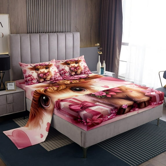 Erosebridal Kawaii Highland Bull Bed Sheets Set Twin Size, Pink Gifts Bowknot Hearts Bedding Sets Twin Size for Cowgirls 3pcs