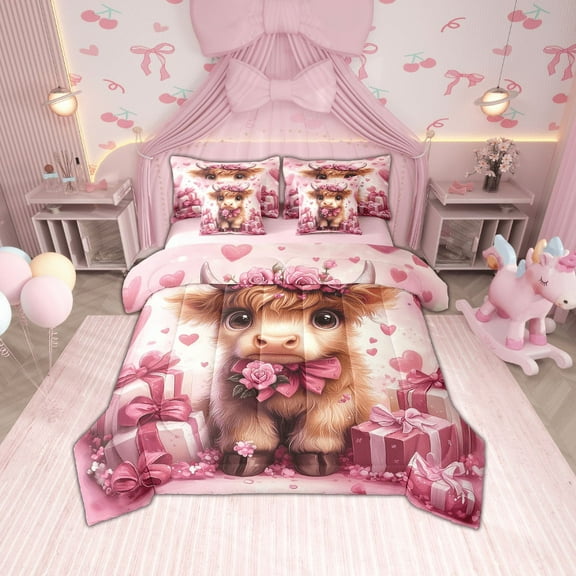 Erosebridal Kawaii Highland Bull Bedding Twin Size, Pink Gifts Bowknot Hearts Comforter Sets with Sheets for Cowgirls, Reversible 7pcs
