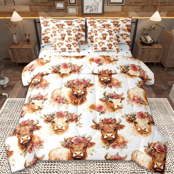 Erosebridal Kawaii Highland Cattle 7 Pieces Bedding Comforter Set,Brown Farm Animals Full Bedding Set For Adult,Reversible