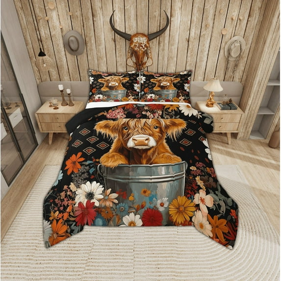 Erosebridal Kawaii Highland Cattle Bedding Full Comforter Set, Multicolor Floral Down Comforter, Rustic Farmhouse Decor, Reversible 3pcs