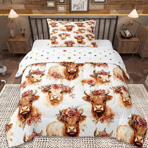 Erosebridal Kawaii Highland Cattle Twin Comforter Sets,Brown Farm Animals Bedding Set For Adult, Reversible 2pcs
