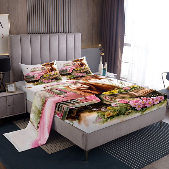 Erosebridal Kawaii Highland Cow Bed Sheets Set Full Size, Pink Farm Truck Bedding Sets Full Size, Flower Floral Cowgirls Bedroom Decor 4-Piece