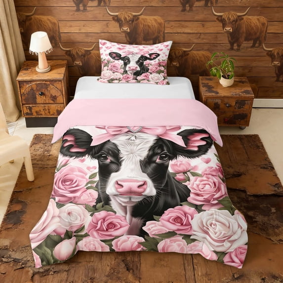 Erosebridal Kawaii Highland Cow Twin Bedding for Kids Girls, Pink Bow Hearts Flower Duvet Cover Set, Reversible 2pcs 1 Duvet Cover and 1 Pillowcase (No Comforter)