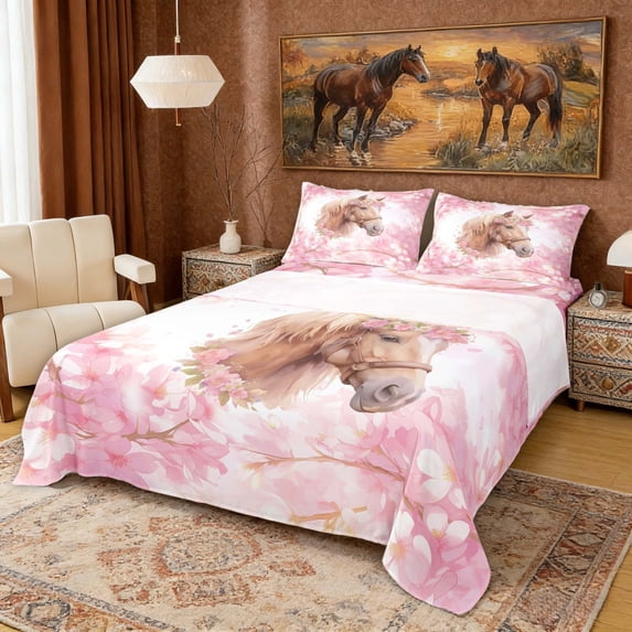 Erosebridal Kawaii Horse Queen Sheet Sets, Pink Flowers Bed Set, 4pcs (1 Flat Sheet, 1 Fitted Sheet and 2 Pillowcases)
