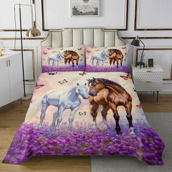 Erosebridal Kawaii House Quilt Sets for Twin Size Bed, Purple Flower Bed Set, Dreamy Cartoon Animal Decor, 2pcs
