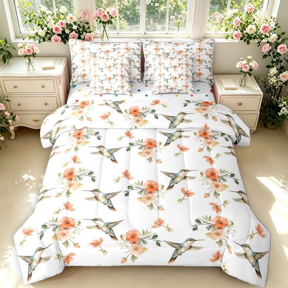 Erosebridal Kawaii Hummingbird 7pcs Queen Bedding,Bohemian Tropical Bedding Comforter Set Queen,White Tan,Polkadot Reversible