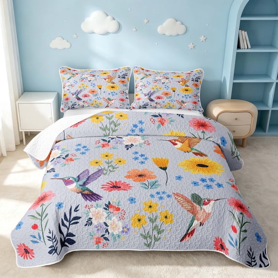 Erosebridal Kawaii Hummingbird Quilt King, Cute Floral King Coverlet Set, Xmas Reversible, Pale Lilac, 3 Pieces (1 Bedspread and 2 Pillowcases)