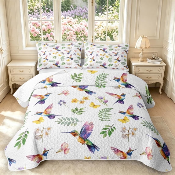Erosebridal Kawaii Hummingbird Twin Quilt Set,Cute Tropical Twin Coverlet Set,White Green,2 Pieces,1 Bedspread and 1 Pillowcase