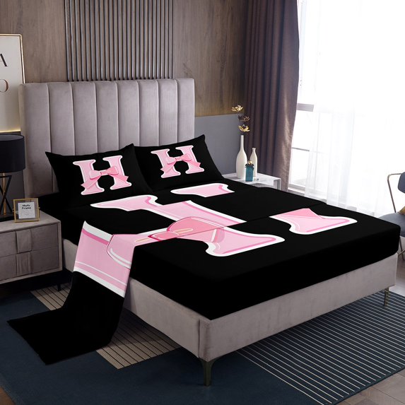 Erosebridal Kawaii Initial Letter Bed Sheets Set Full Size, Monogrammed H Bed Sheets Full, Ribbon Cow Reversible Sheet Set Full, Ultra Soft Bedroom Decoration, 4pcs