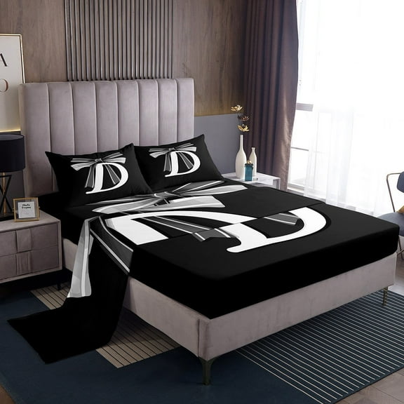 Erosebridal Kawaii Initial Letter Bed Sheets Set Twin Size, Monogrammed D Bed Sheets Twin, Cool Ribbon Cow Reversible Sheet Set Twin, Ultra Soft Bedroom Decoration, 3pcs