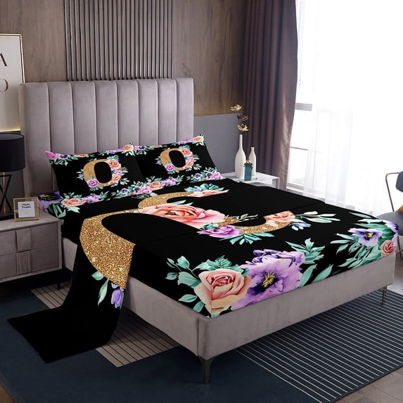 Erosebridal Kawaii Initial Letter Bed Sheets Set Twin Size, Monogrammed O Bed Sheets Twin, Vintage Flower Twin Sheet Sets, Super Cozy Bedroom Decor, 3pcs