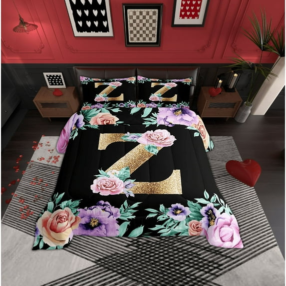 Erosebridal Kawaii Initial Letter Bedding Sets King with Comforter, Monogrammed Z Comforter Sets King Size, Vintage Flower Reversible Duvet Insert, Super Cozy Bedroom Decor, 3pcs