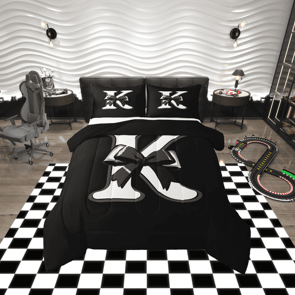 Erosebridal Kawaii Initial Letter Bedding Sets Queen with Comforter, Monogrammed K Duvet Insert, Ribbon Cow Reversible Down Comforter, Ultra Soft Bedroom Decoration, 3pcs