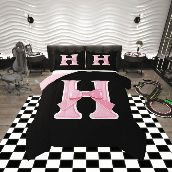 Erosebridal Kawaii Initial Letter Bedding Sets Twin with Comforter, Monogrammed H Duvet Insert, Ribbon Cow Reversible Down Comforter, Ultra Soft Bedroom Decoration, 2pcs