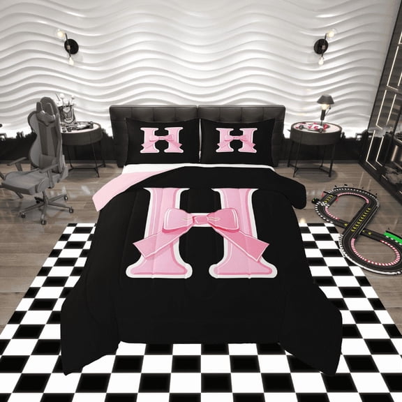 Erosebridal Kawaii Initial Letter Bedding Sets Twin with Comforter, Monogrammed H Duvet Insert, Ribbon Cow Reversible Down Comforter, Ultra Soft Bedroom Decoration, 2pcs