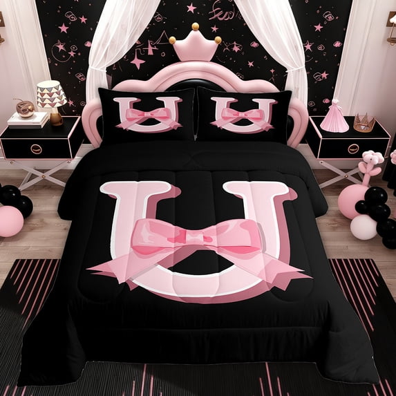Erosebridal Kawaii Initial Letter Bedding Sets Twin with Comforter, Monogrammed U Duvet Insert, Ribbon Cow Reversible Comforter Sets Twin Size, Ultra Soft Bedroom Decoration, 2pcs